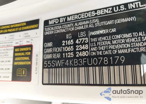 2015 Mercedes-Benz C 300 4Matic/Luxury 4Matic/Sport 4Matic from USA, damaged, VIN 55SWF4KB3FU078179